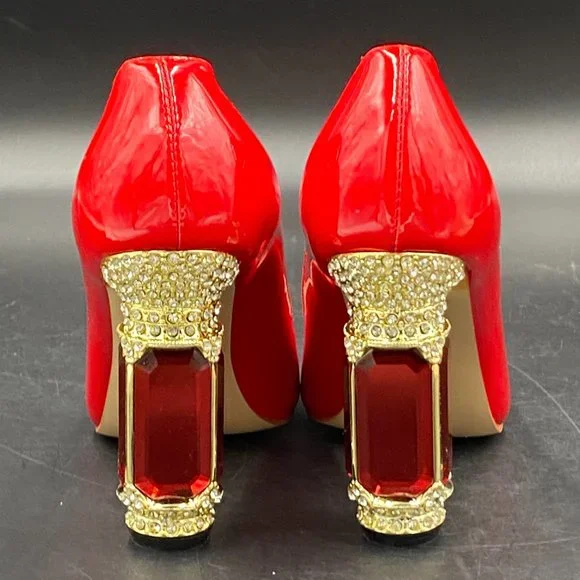 FSJ Red Bridal Pointed Toe Chunky Block Low Heel Crystal Pump - Picture 6 of 9